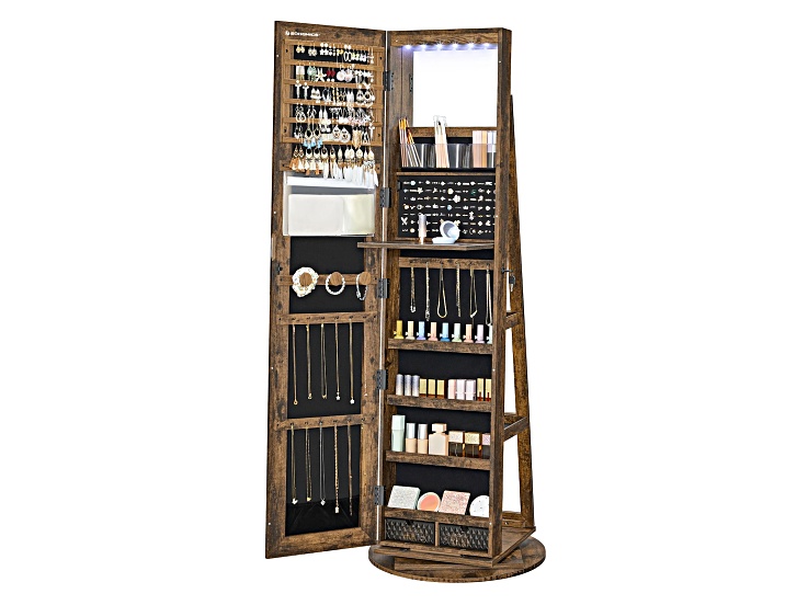 LEDs 360 Swivel Mirror Freestanding Lockable Jewelry Cabinet Brown