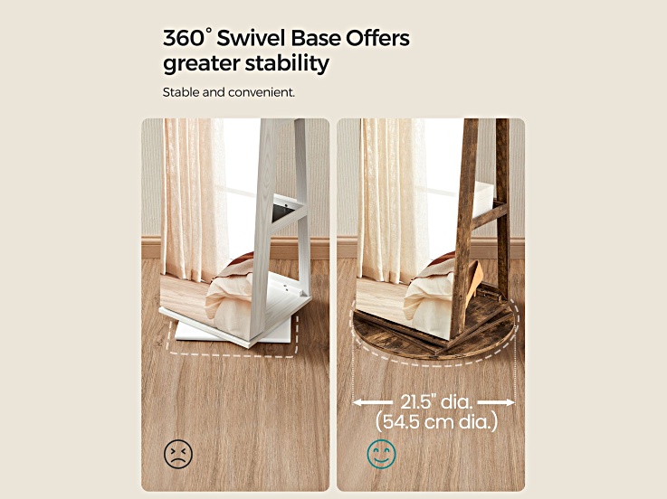 Close-up of 360° Swivel Base feature, showing left and right rotations.