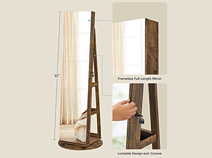 Diagram of the product with emphasis on frameless mirror, lockable design, and groove.