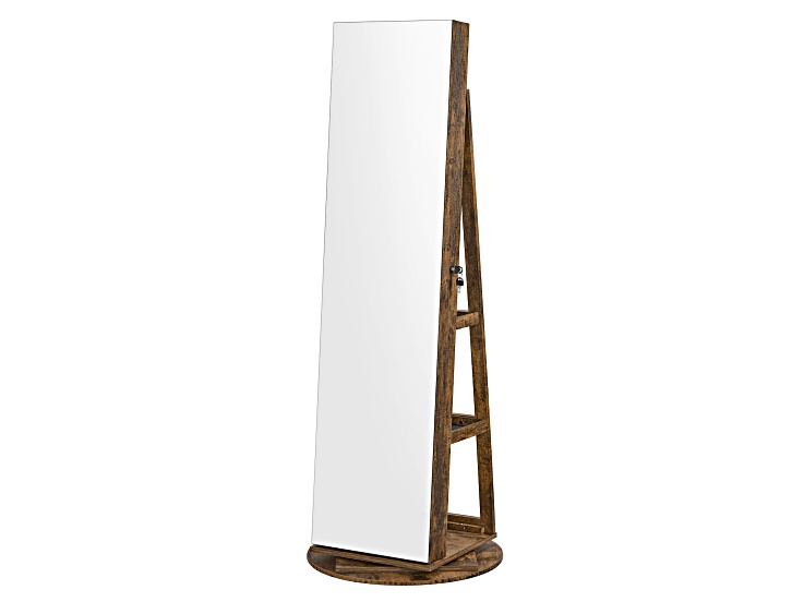 Full-length wooden frame mirror with clean reflective surface mounted on a wooden stand.