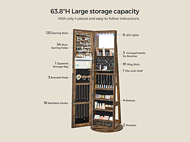 Measurement diagram detailing dimensions of the jewelry cabinet and mirror including height, width, base diameter.