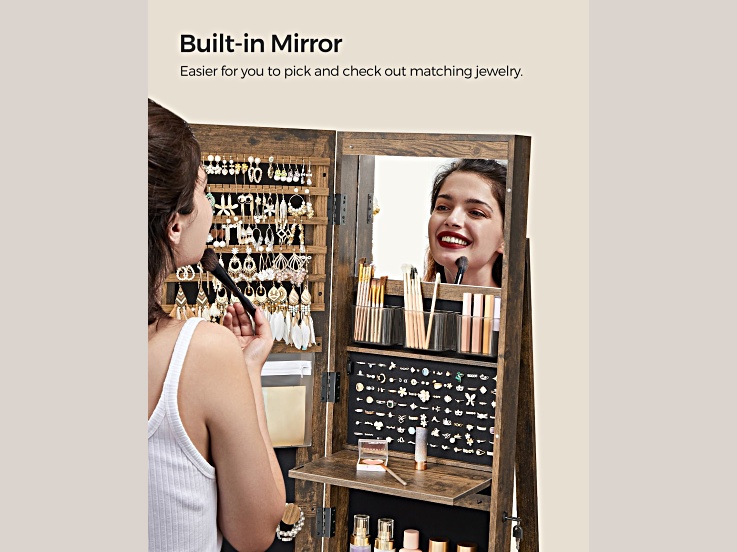 Built-in mirror feature with jewelry cabinet interior visible.