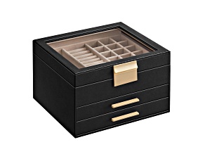 Black 3-Layer Jewelry Box with Glass Lid, 2 Drawers