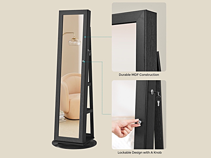 Close-up of cabinet frame with hinges, durable construction, and lockable knob