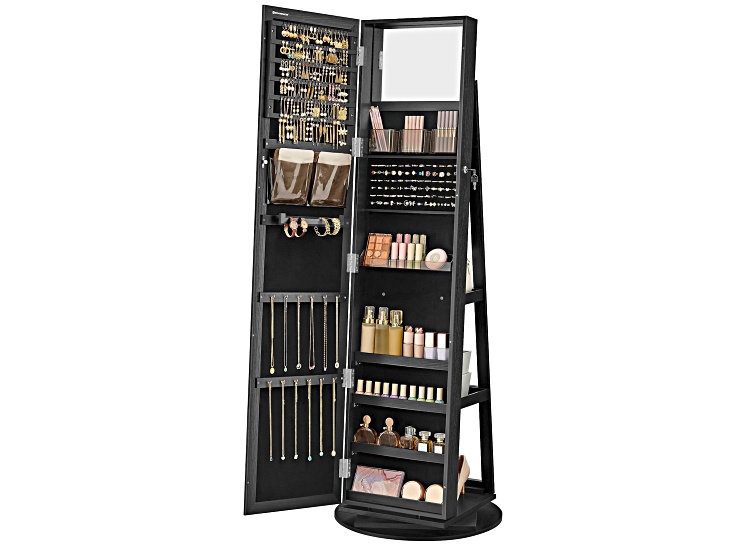 Open jewelry armoire showing many compartments, hooks, and organized jewelry.