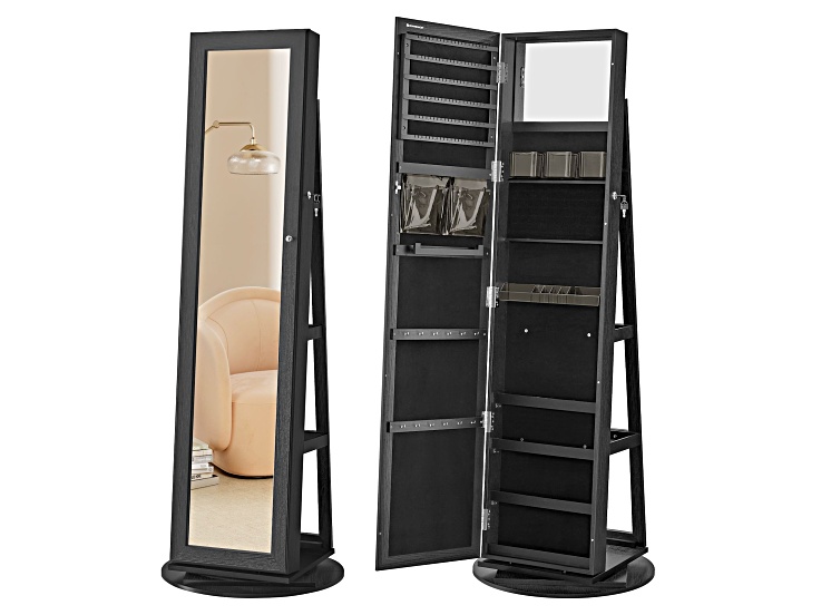Two same jewelry cabinets with mirror open; one shows contents, other closed.