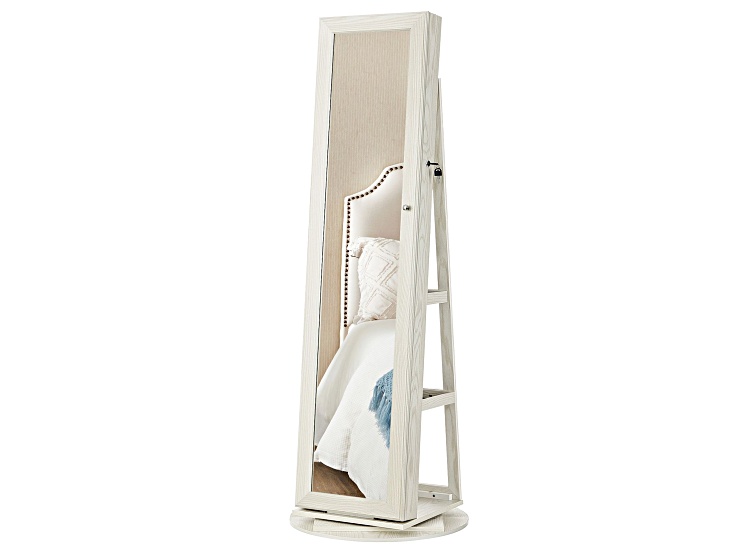360 Swivel Mirror Freestanding Lockable Jewelry Cabinet White with Gray Wood Grain
