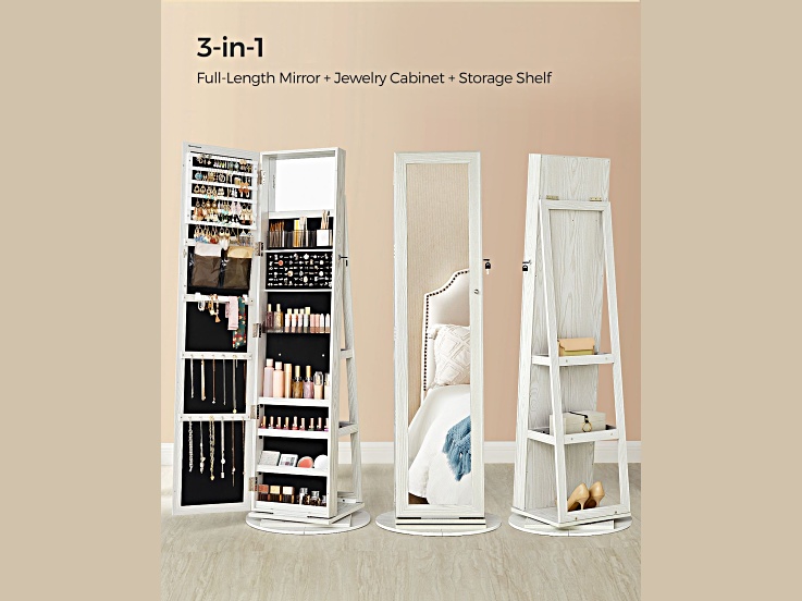 Graphic showing 3-in-1 product: Full-Length Mirror + Jewelry Cabinet + Storage Shelf