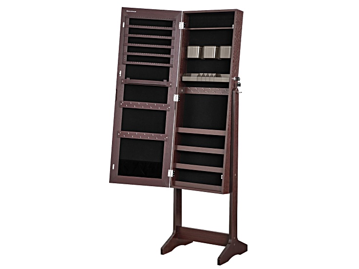 A dark wood jewelry cabinet with two doors opened showing multiple storage compartments, slots, and drawers.