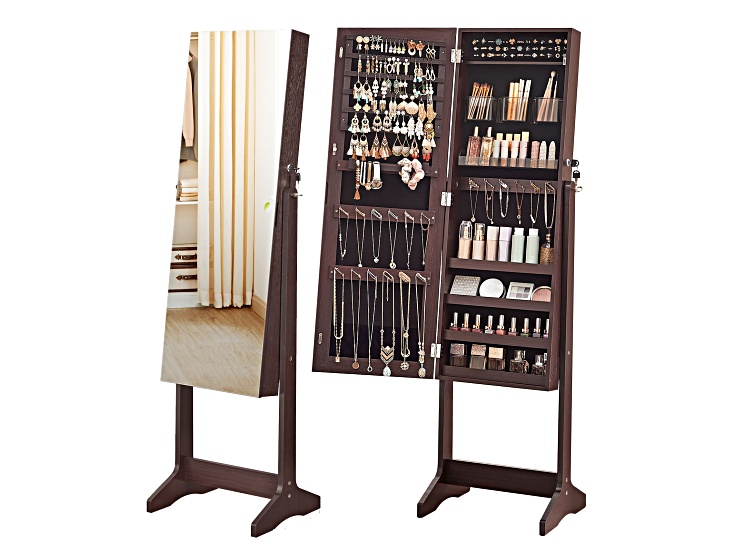 Two panels of a jewelry cabinet filled with earrings, necklaces, and cosmetics, with a slide-out mirror on left.