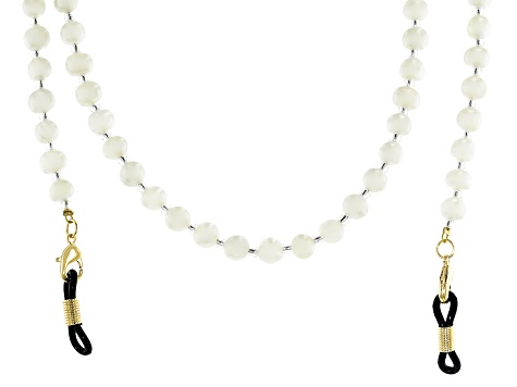 White Cultured Freshwater Pearl and Glass Seed Bead Eyeglass and Mask Chain in Gold Tone Appx 28"