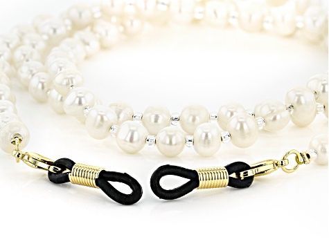 White Cultured Freshwater Pearl and Glass Seed Bead Eyeglass and Mask Chain in Gold Tone Appx 28"