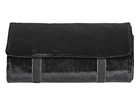 Travel Jewelry Roll in Black Velveteen with Beige Faux Suede Lining
