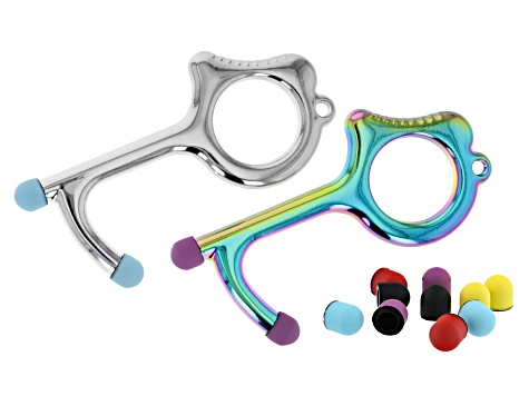 Touchless Tool Keychain set of 2 in Silver Tone & Rainbow Effect Color