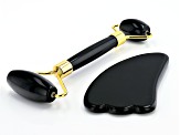Black Obsidian Facial Roller and Gua Sha Set with Gold Tone Accents