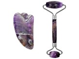 Amethyst Facial Roller and Gua Sha Set with Silver Tone Accents