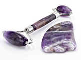 Amethyst Facial Roller and Gua Sha Set with Silver Tone Accents