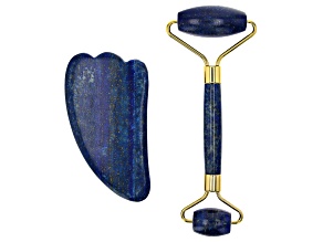 Lapis Lazuli Facial Roller and Gua Sha Set with Gold Tone Accents