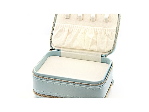 Sky Blue Double Layer Travel Jewelry Box with Necklace Storage, Ring Storage, and Mirror