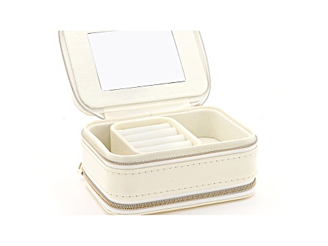 Ivory Double Layer Travel Jewelry Box with Necklace Storage, Ring Storage, and Mirror