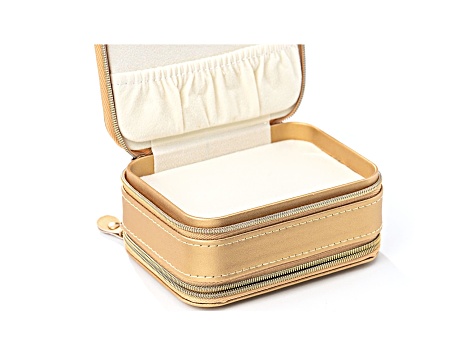 Metallic Gold Double Layer Travel Jewelry Box with Necklace Storage, Ring Storage, and Mirror