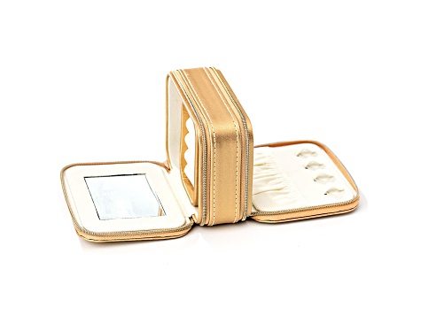 Metallic Gold Double Layer Travel Jewelry Box with Necklace Storage, Ring Storage, and Mirror