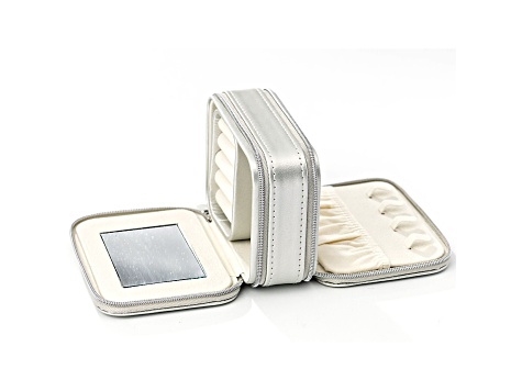 Metallic Silver Double Layer Travel Jewelry Box with Necklace Storage, Ring Storage, and Mirror