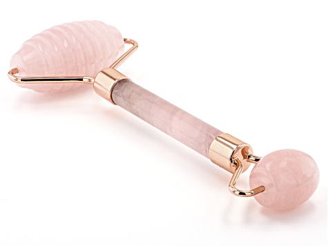 Rose Quartz Ribbed Texture Facial Roller with Rose Gold Tone Accents