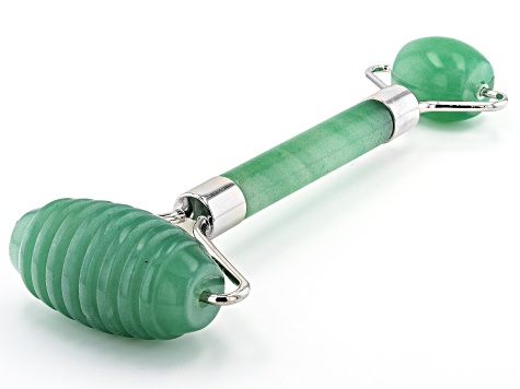 Green Quartzite Ribbed Texture Facial Roller with Silver Tone Accents