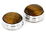 Yellow Tigers Eye Round Rhodium Over Brass Button Cover Set of 2 in Black Gift Box