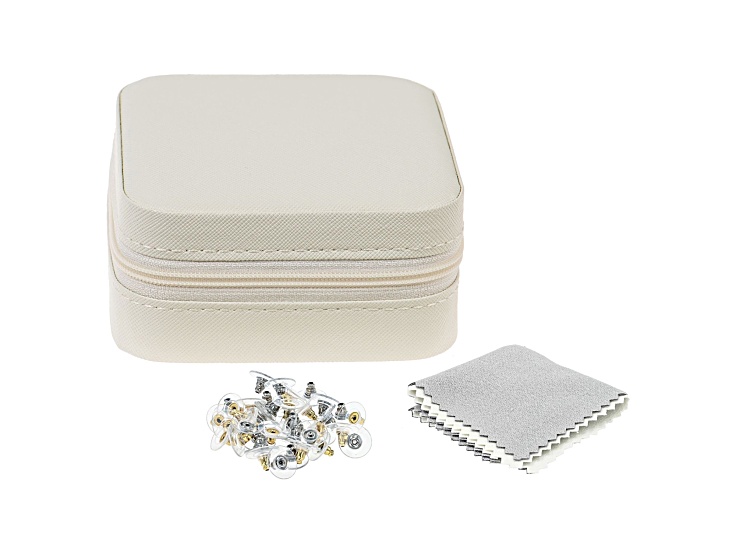 Ivory Travel Size Jewelry Box with Cleaning Cloths & 40 Piece Earring Backs  - ACC096B