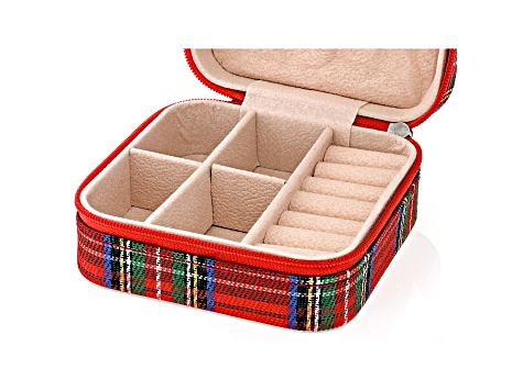 Red Plaid Travel Size Jewelry Box with Cleaning Cloths & 40 Piece Earring Backs