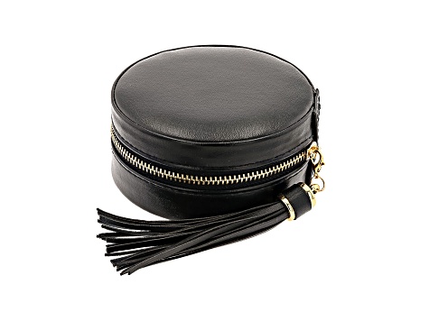 Black Round Compact Shape Jewelry Box with Tassel appx 9.5x4.5cm