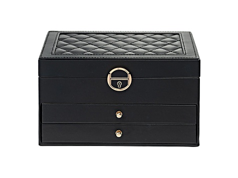 Lockable Black Faux Leather Jewelry Box with 2 Drawers and Lid Storage ...