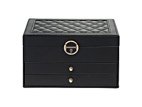 Lockable Black Faux Leather Jewelry Box with 2 Drawers and Lid Storage