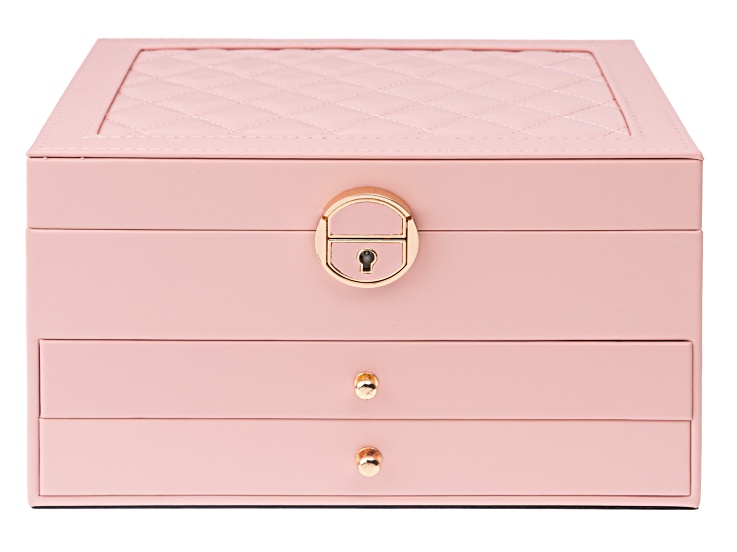 Lockable Pink Faux Leather Jewelry Box with 2 Drawers and