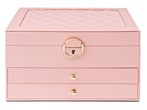 Lockable Pink Faux Leather Jewelry Box with 2 Drawers and Lid Storage