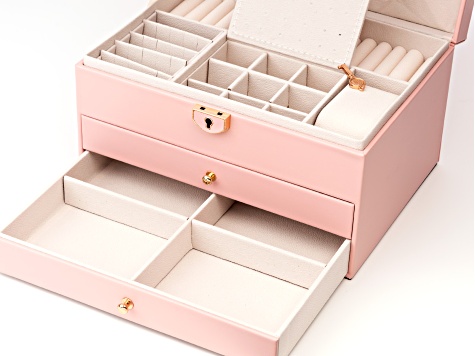 Lockable Pink Faux Leather Jewelry Box with 2 Drawers and