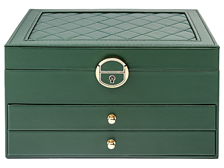 Lockable Green Faux Leather Jewelry Box with 2 Drawers and Lid