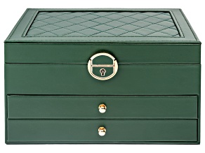 Lockable Green Faux Leather Jewelry Box with 2 Drawers and Lid Storage