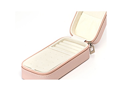 Pearlized Pink Travel Zipper Jewelry Box with Necklace Holder, Ring Rolls, and Earring Storage