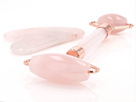 Rose Quartz Facial Roller and Gua Sha Set with Rose Tone Accents