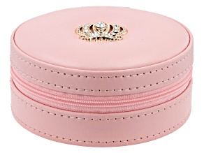 Pink Faux Leather Round Jewelry Box with Pink Lining, Gold Tone Crystal Crown Emblem and Zipper