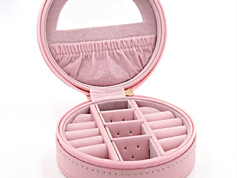 Pink Faux Leather Round Jewelry Box with Pink Lining, Gold Tone Crystal Crown Emblem and Zipper