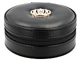 Black Faux Leather Round Jewelry Box Gold Tone Crystal Crown Emblem and Zipper with Black Lining