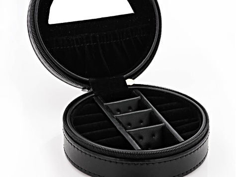 Black Faux Leather Round Jewelry Box Gold Tone Crystal Crown Emblem and Zipper with Black Lining