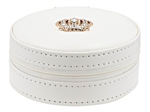 Ivory Faux Leather Round Jewelry Box with Gold Tone Crystal Crown Emblem & Zipper with ivory lining