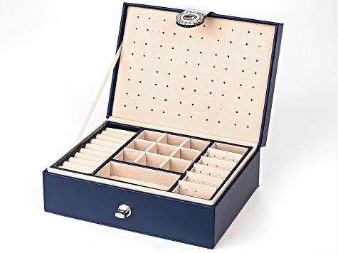 Blue Double Layer Jewelry Box with Silver Tone Crystal