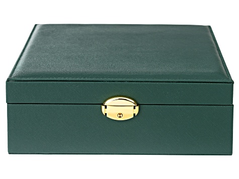 Green Faux Leather Lockable Jewelry Box with Removable Stacking Interior Layer
