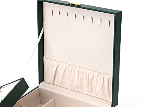 Green Faux Leather Lockable Jewelry Box with Removable Stacking Interior Layer